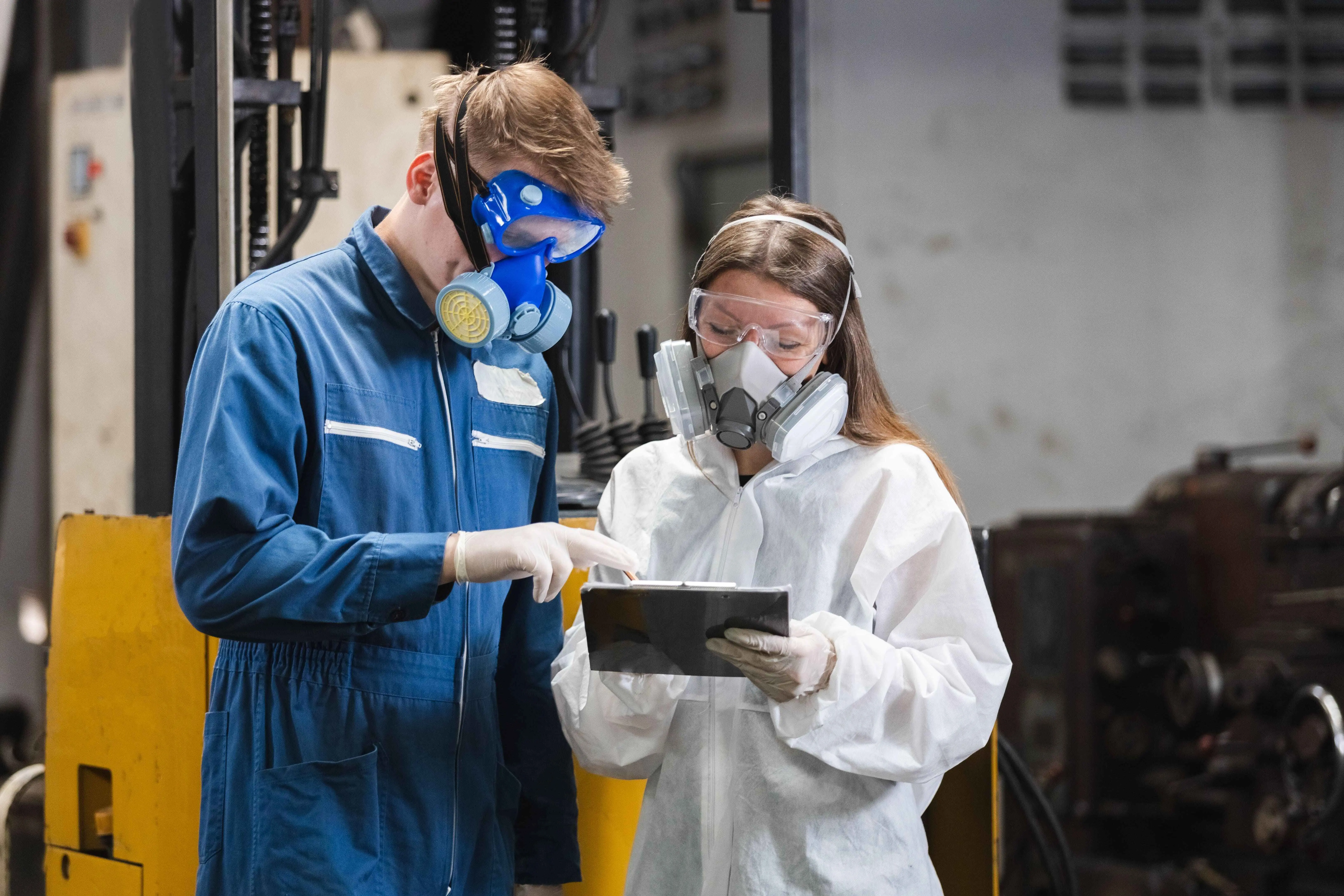A man and woman wearing protective gear and goggles looking at a tablet.