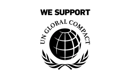 The UN Global Compact logo in black and white.
