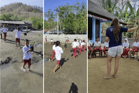 A collage of three images of a TreeApp employee helping locals in a school, one image showing a male child planting a tree.